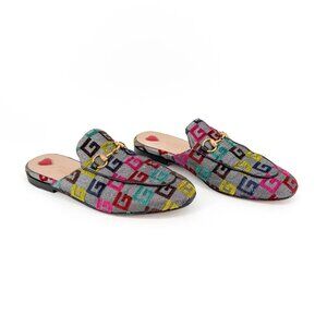 Gucci GG Brocade Princetown Horsebit Flat Mules Silver Size 37 US 7 Women's